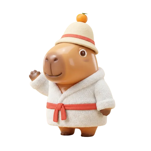 Kapy the capybara waving, in a white robe and felt sauna hat